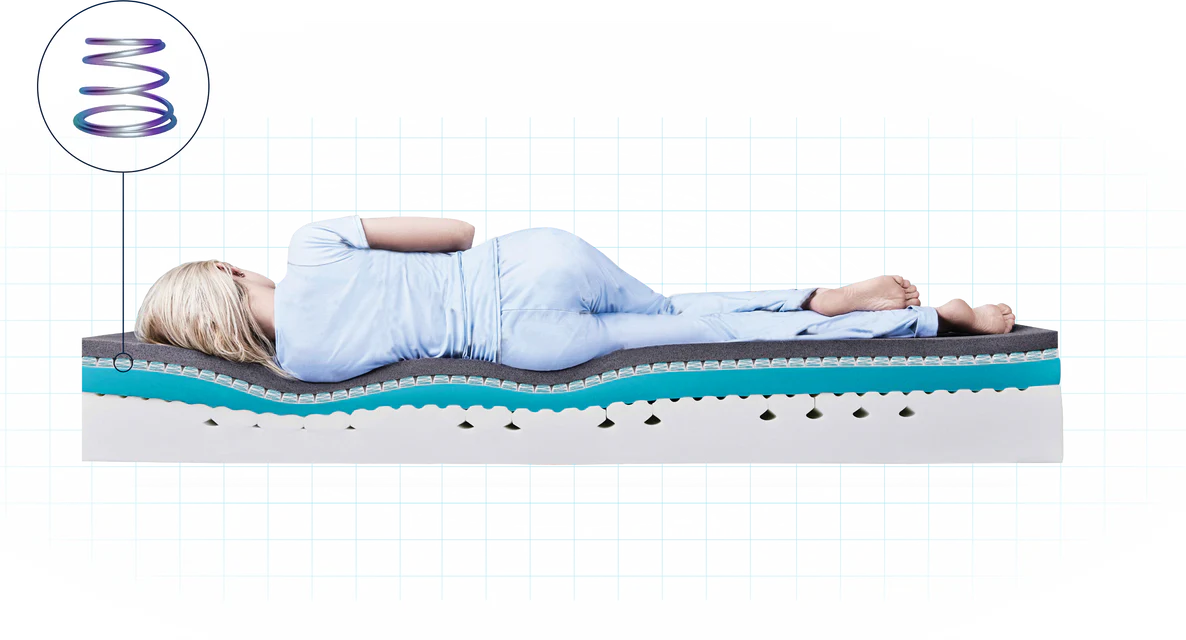 Side sleeper demonstrating pressure relief on Simba Hybrid mattress