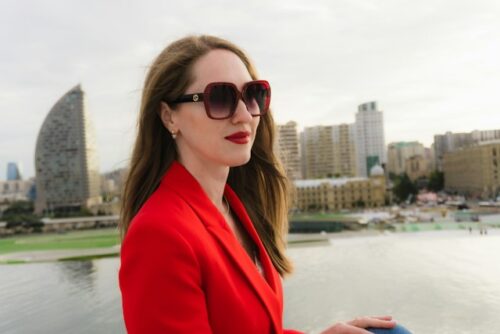 woman in red suit
